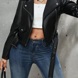 Drune | Schwarze Lederjacke mit Gürtel für Damen