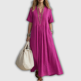Elowen | Maxikleid aus Leinen mit V-Ausschnitt und Steppnähten