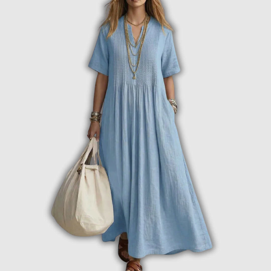 Elowen | Maxikleid aus Leinen mit V-Ausschnitt und Steppnähten