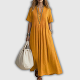 Elowen | Maxikleid aus Leinen mit V-Ausschnitt und Steppnähten