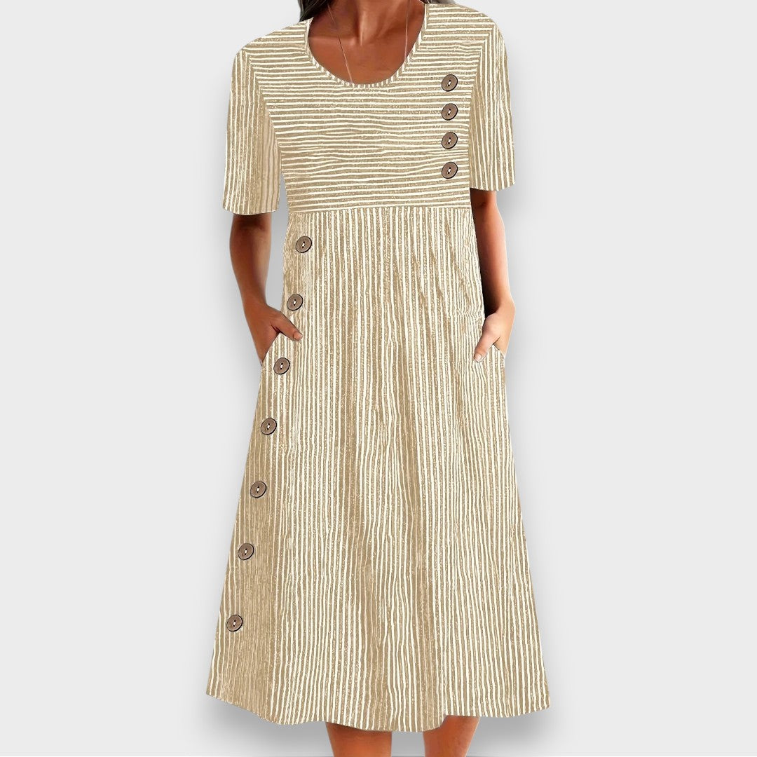 Lieke | Gestreiftes Midi-Kleid mit Knöpfen und Taschen