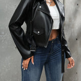 Drune | Schwarze Lederjacke mit Gürtel für Damen