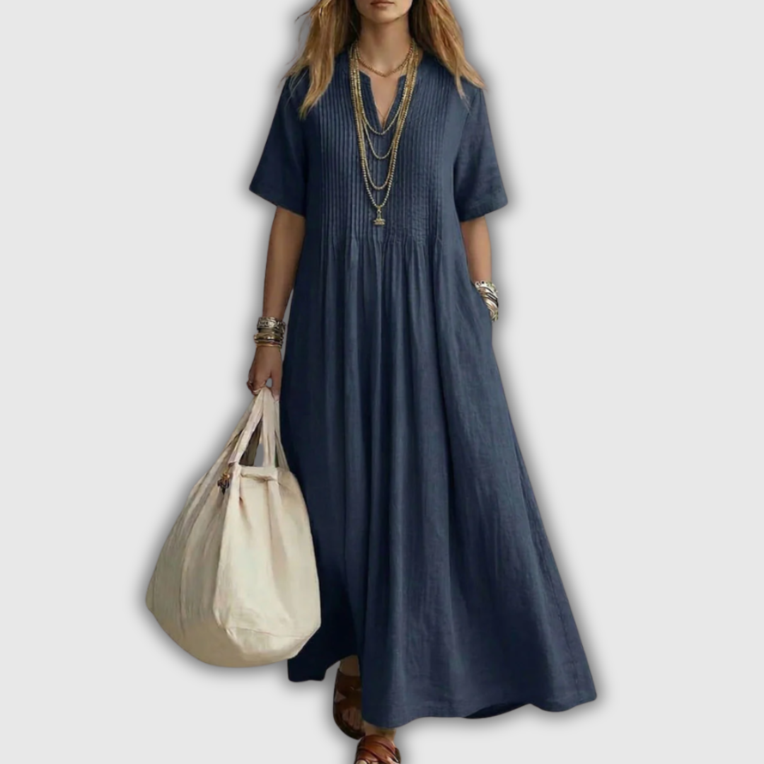 Elowen | Maxikleid aus Leinen mit V-Ausschnitt und Steppnähten